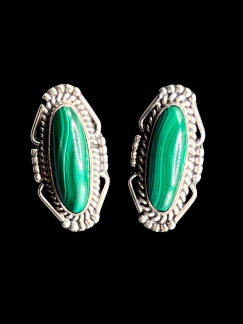 Vintage Native American Sterling Silver and Green Malachite Post Earrings - Picture 3 of 9